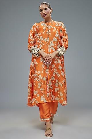 orange tissue organza aari hand embroidered & floral printed a-line kurta set