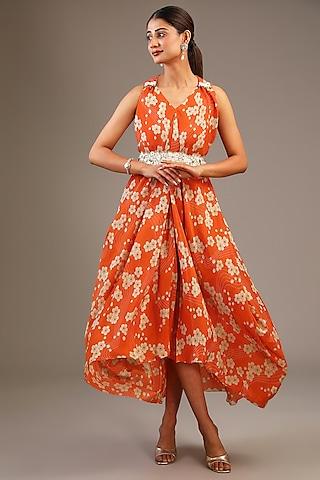 orange tissue organza floral printed & hand embroidered cowl gown with belt