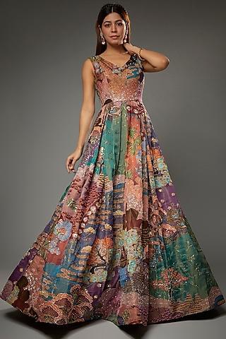 orange tissue organza printed & embellished gown