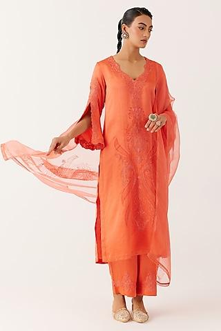 orange tussar raw silk embroidered & printed kurta set