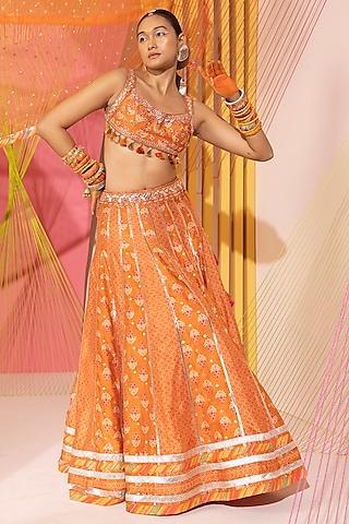 orange tussar silk embellished lehenga set