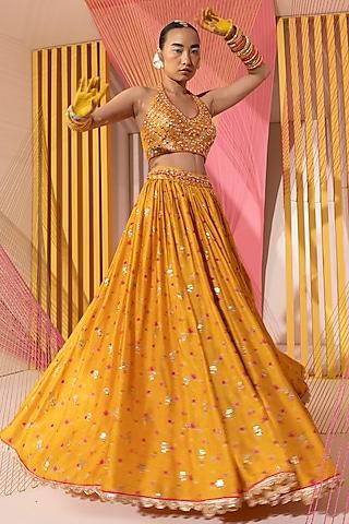 orange tussar silk embellished lehenga set