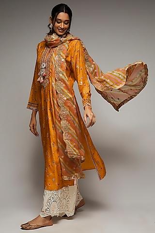 orange tussar silk embroidered tunic set