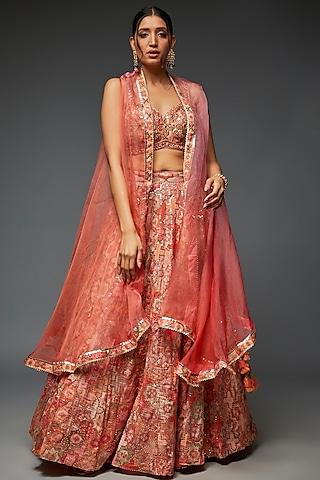 orange tussar silk printed & embroidered lehenga set