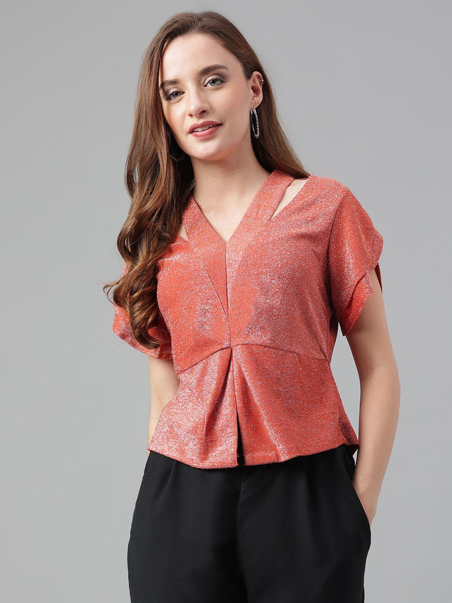 orange v-neck half sleeves regular tops for casual