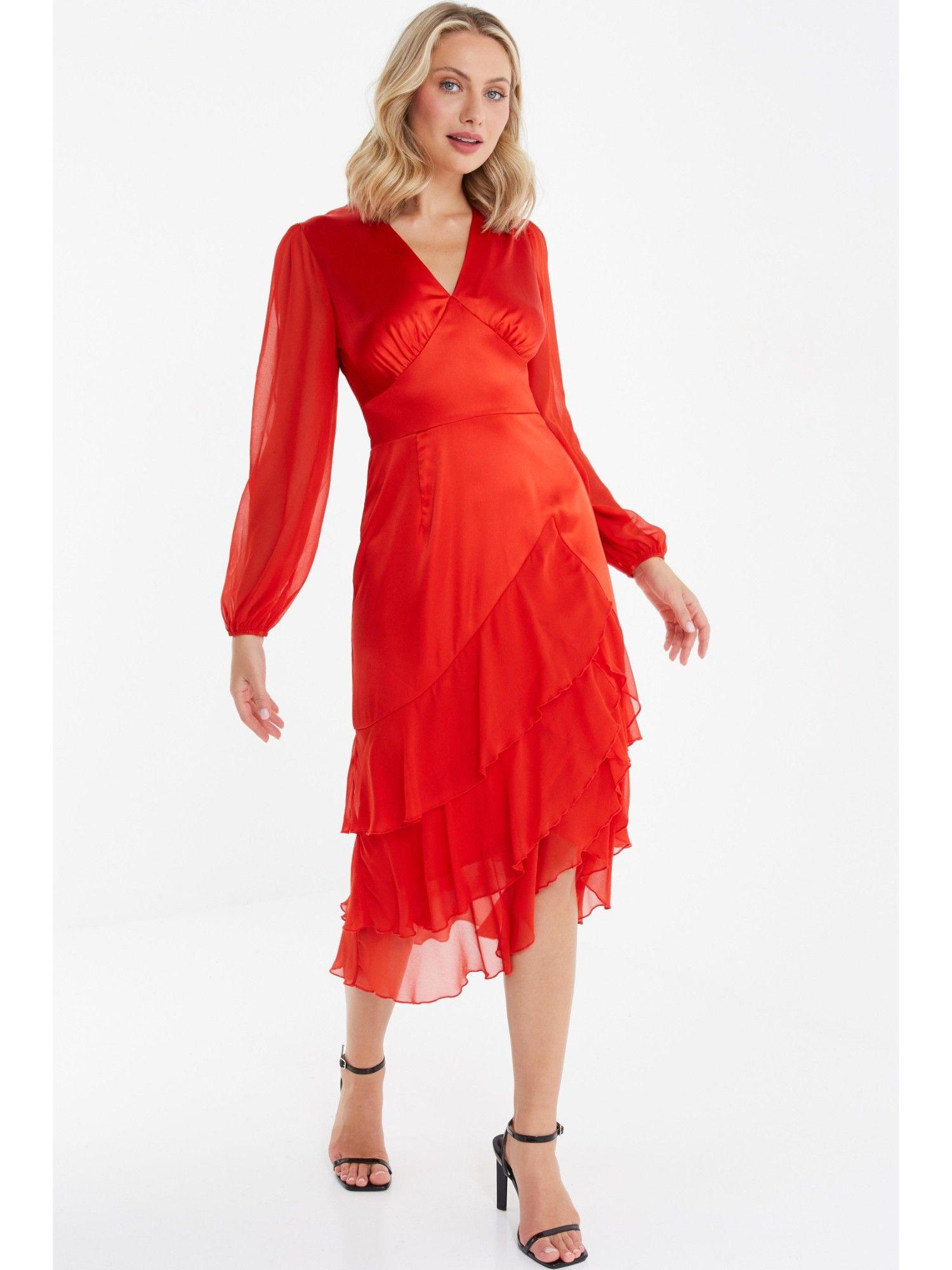 orange v neck long sleeve frill midi dress