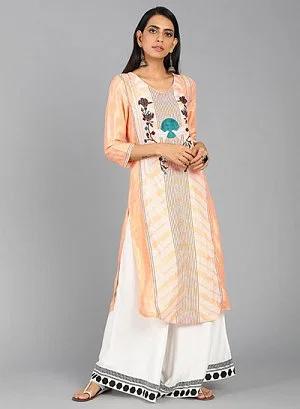 orange v neck printed kurta