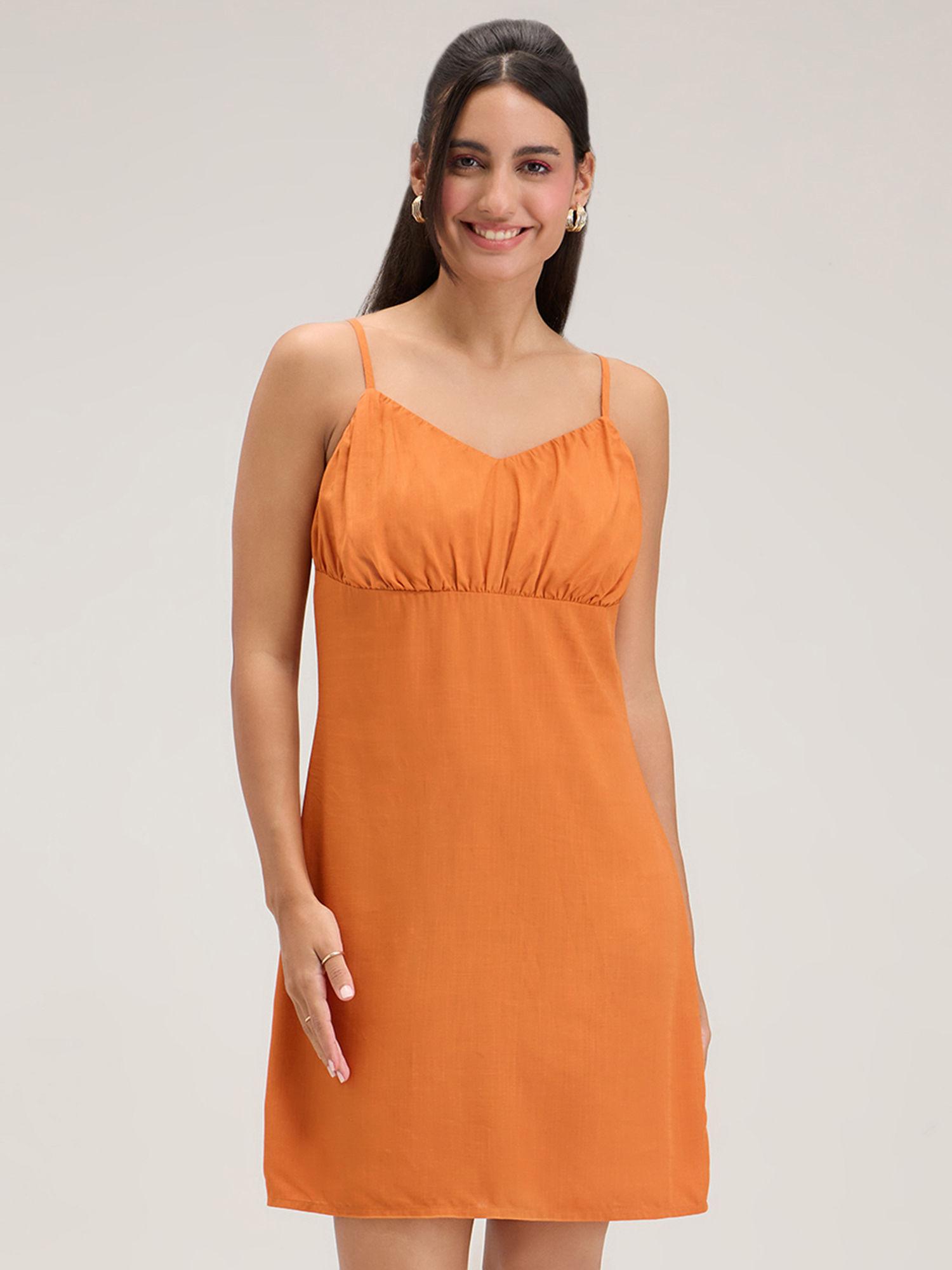 orange v-neck solid short dress