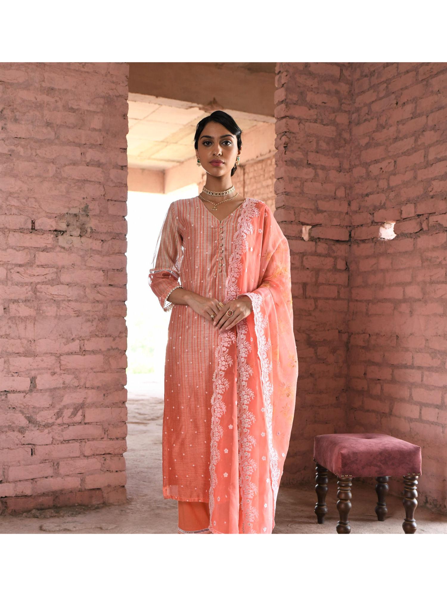 orange v neckline embroidered kurta (set of 3)