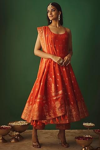 orange vegan silk woven zari work anarkali set