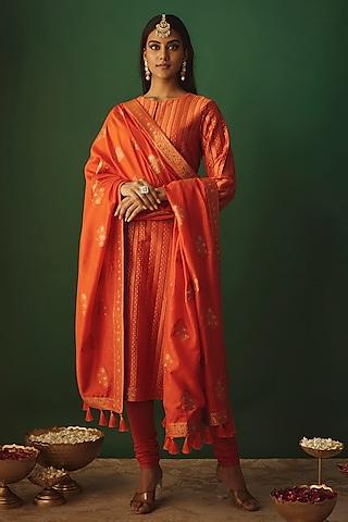 orange vegan silk woven zari work kurta set