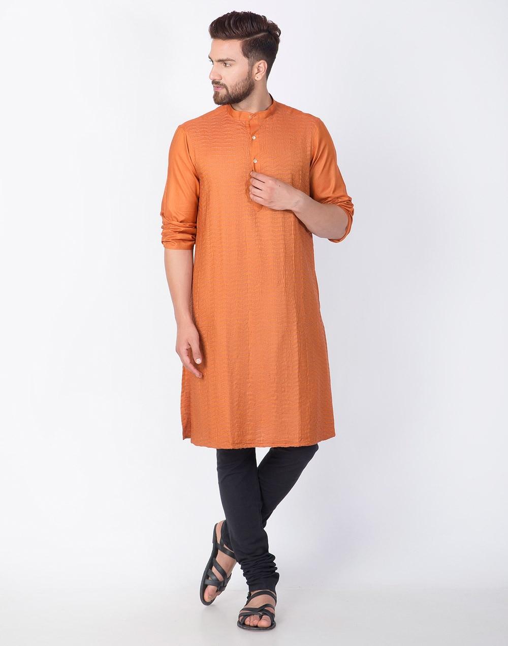 orange viscose blend embroidered long kurta