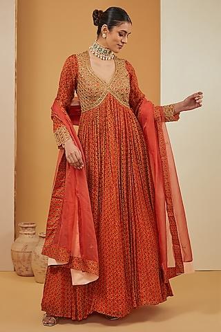 orange viscose chinon & crepe printed anarkali set