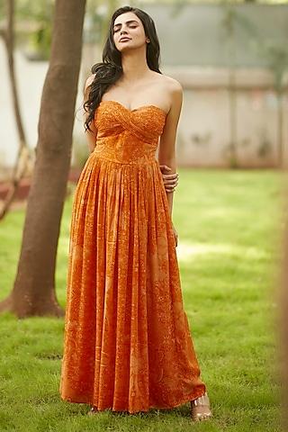 orange viscose natural crepe tube pleated maxi dress