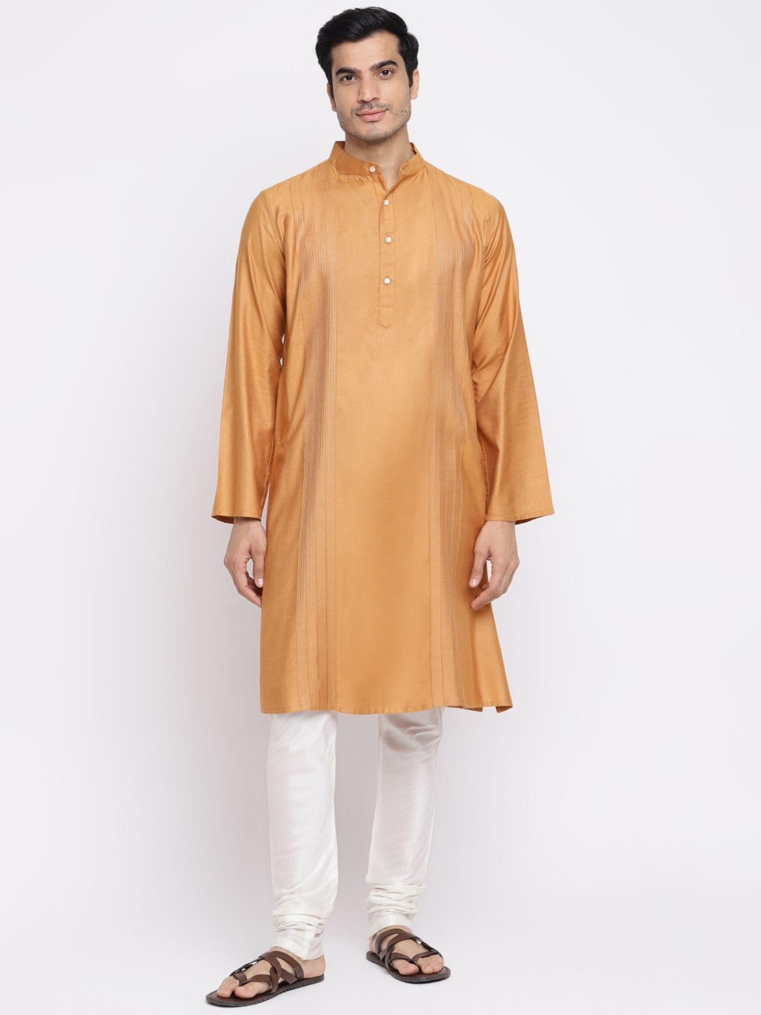 orange viscose silk pintucks long kurta