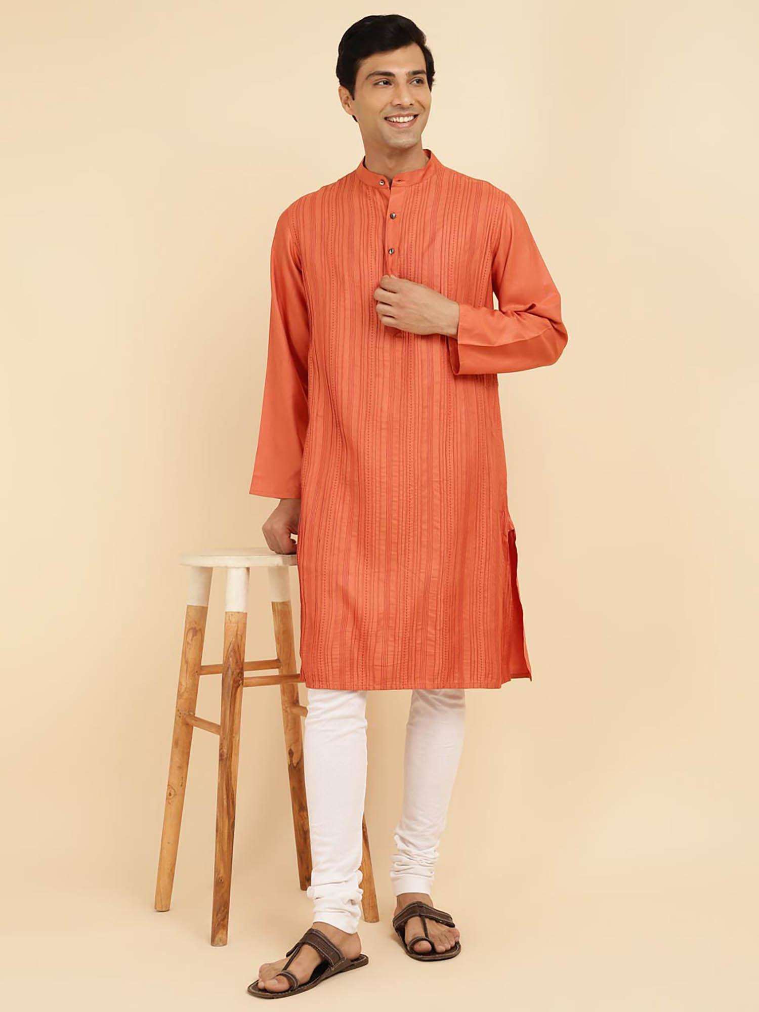 orange viscose silk pintucks long kurta