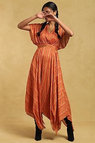 orange viscose silk printed dress