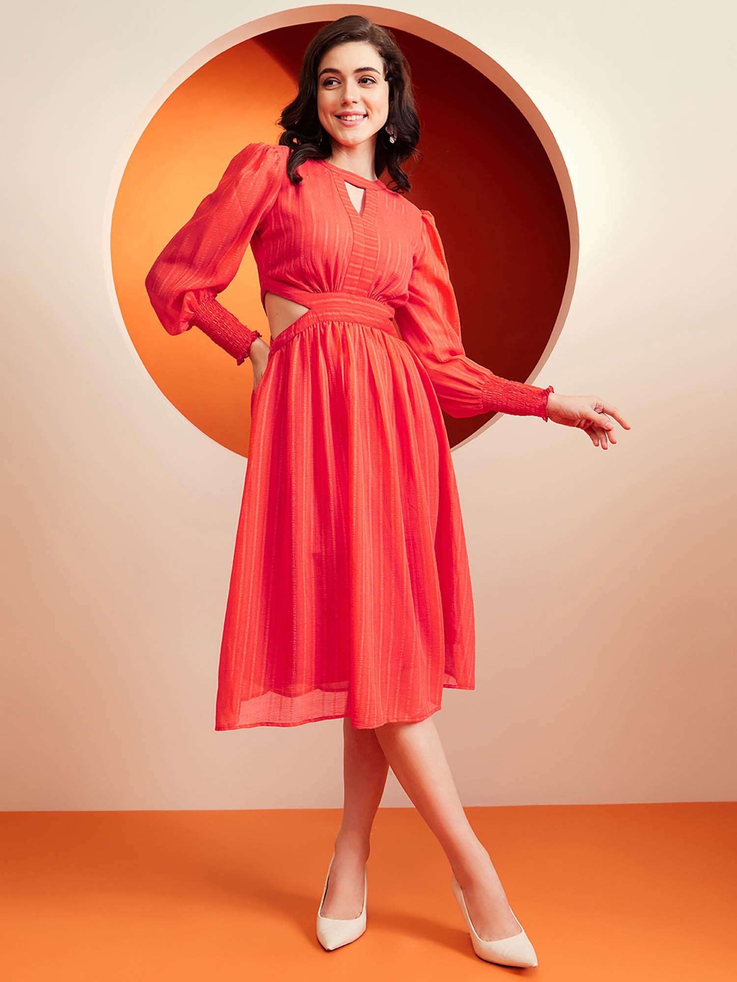 orange waist cutout solid knee length dress