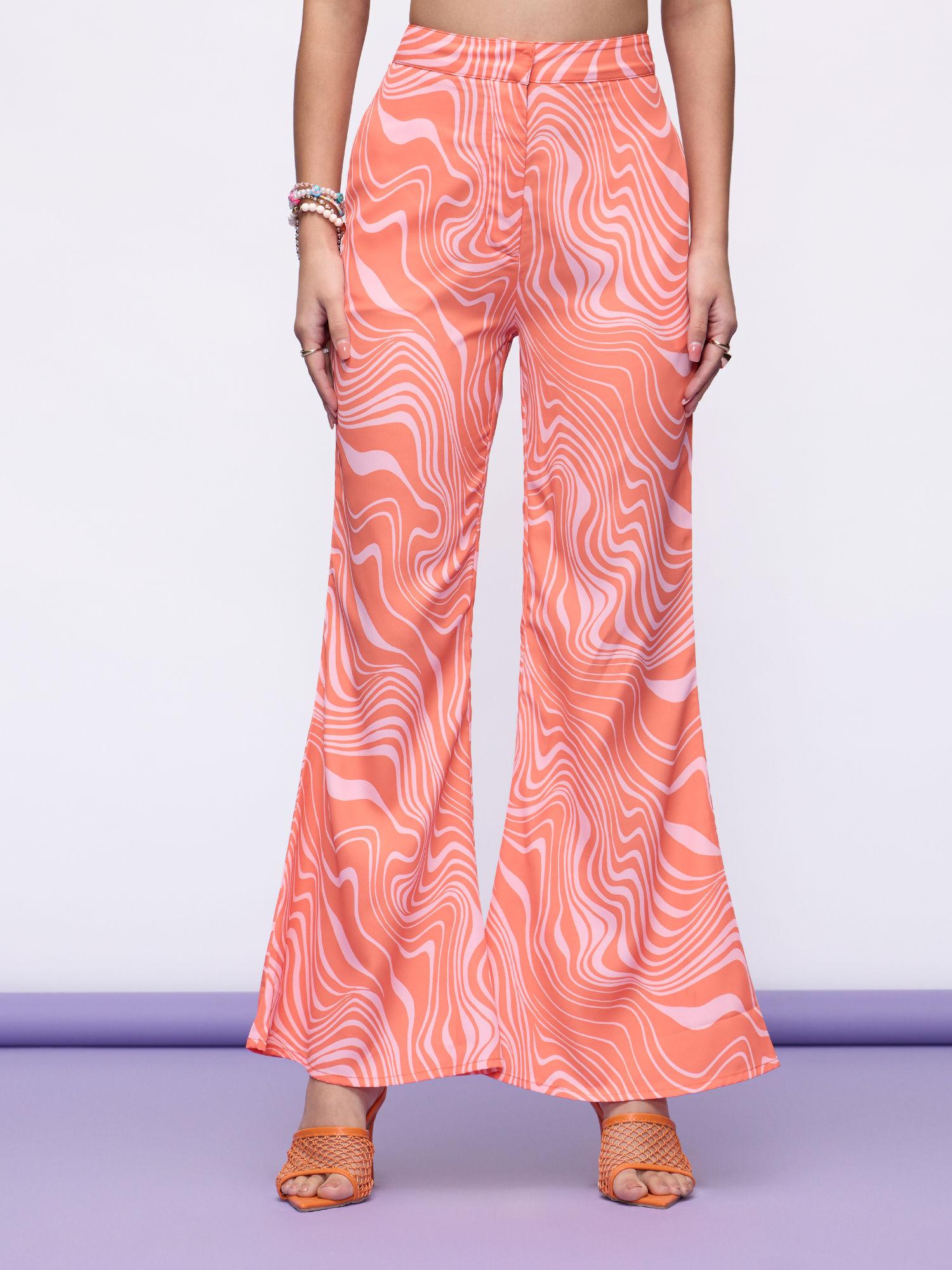 orange wave print high waist bell bottom pants