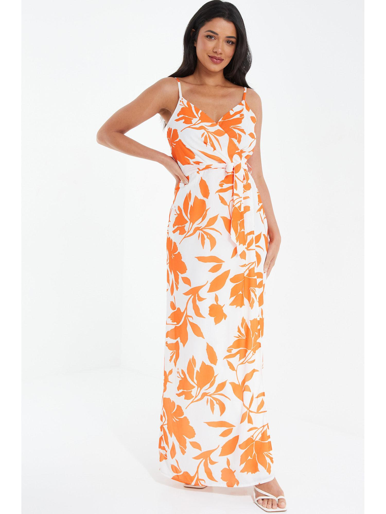 orange white crepe print maxi dress (set of 2)