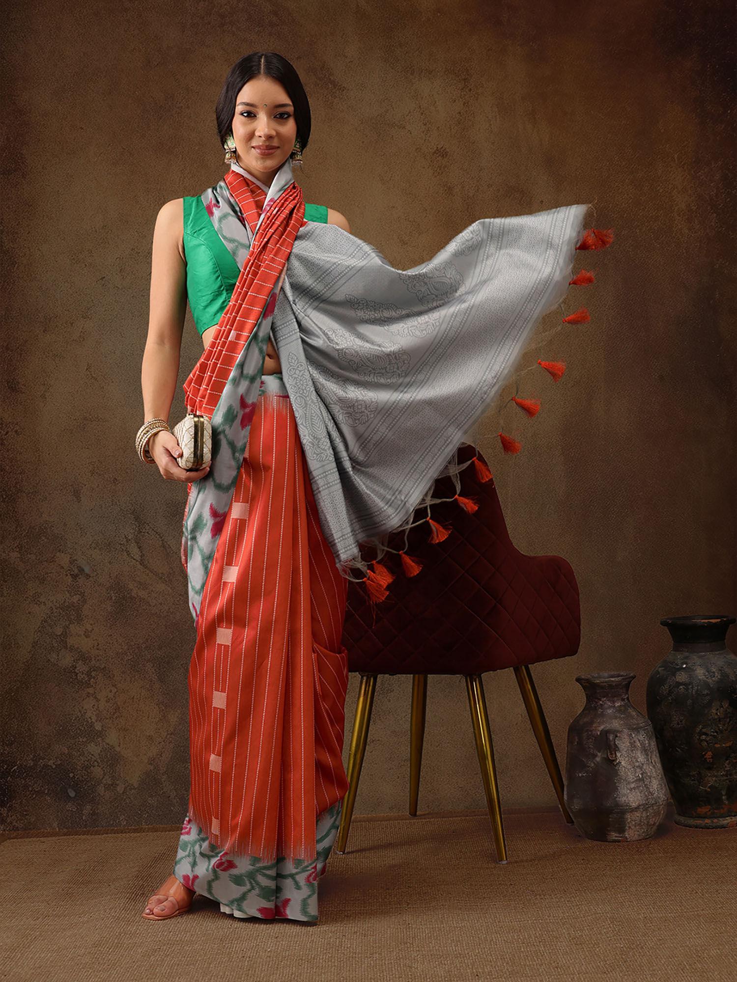 orange women's soft silk printed saree with tassels with unstitched blouse