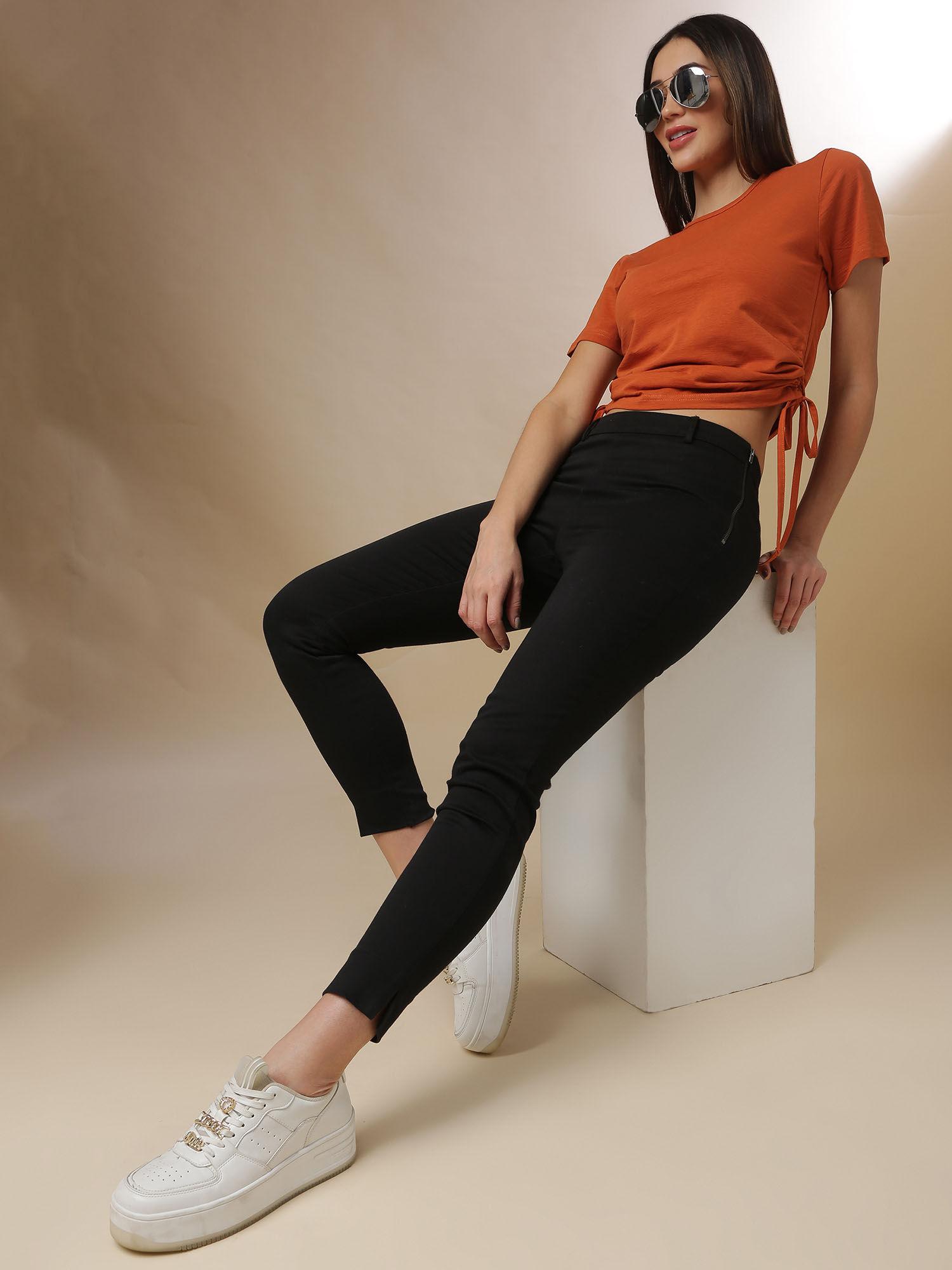 orange women stylish solid half sleeve casual tops