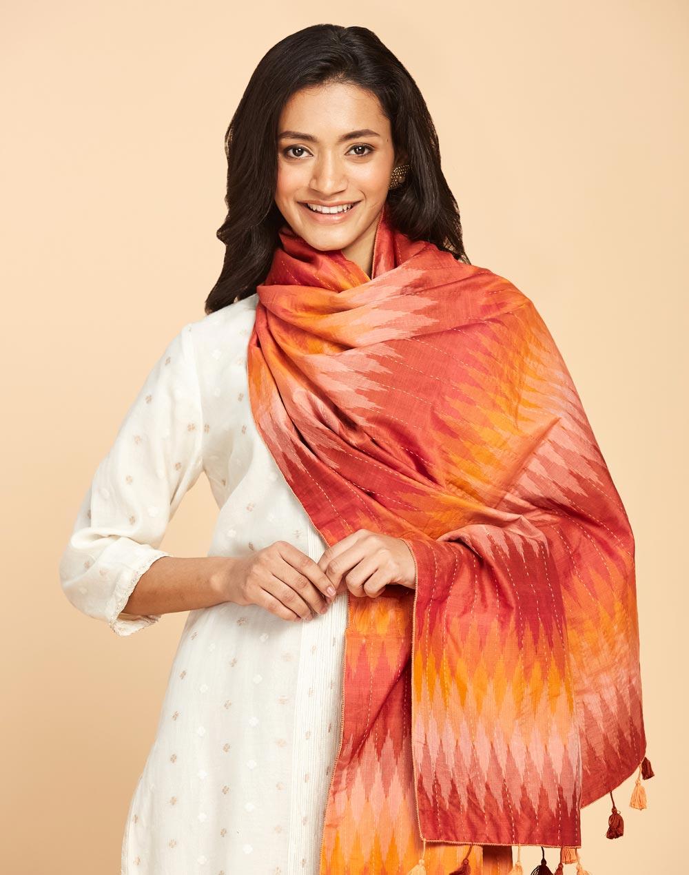 orange wool gudri embroidered shawl