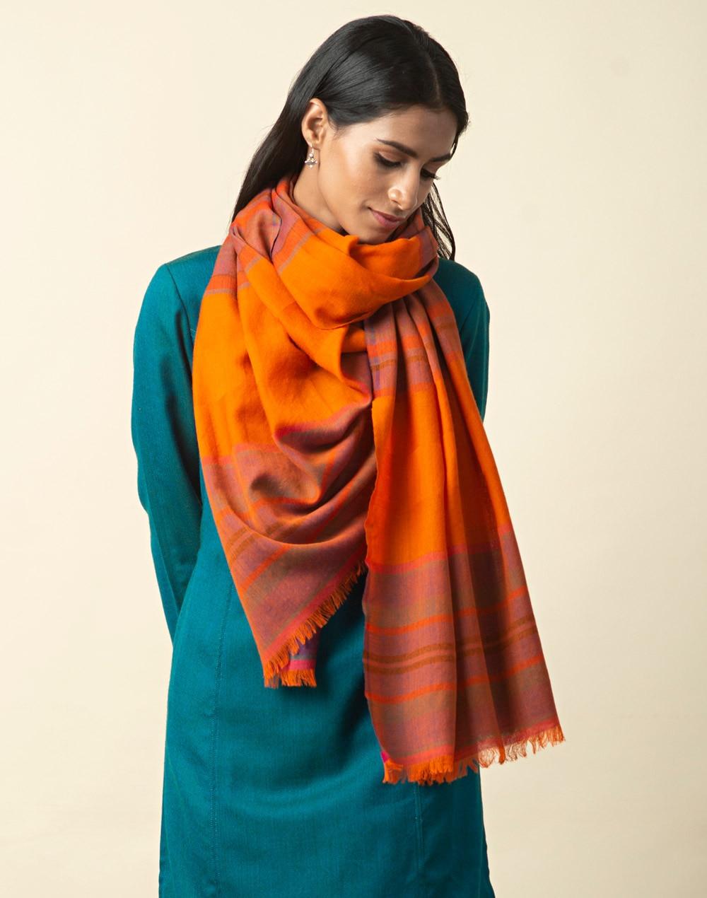 orange wool woven multi textured stole