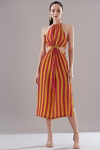 orange yellow pure silk crepe printed dress