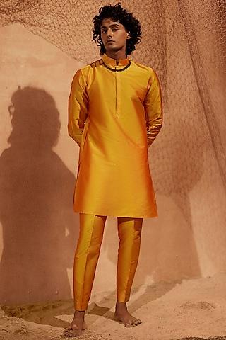 orange yellow silk handcrafted tagai kurta set