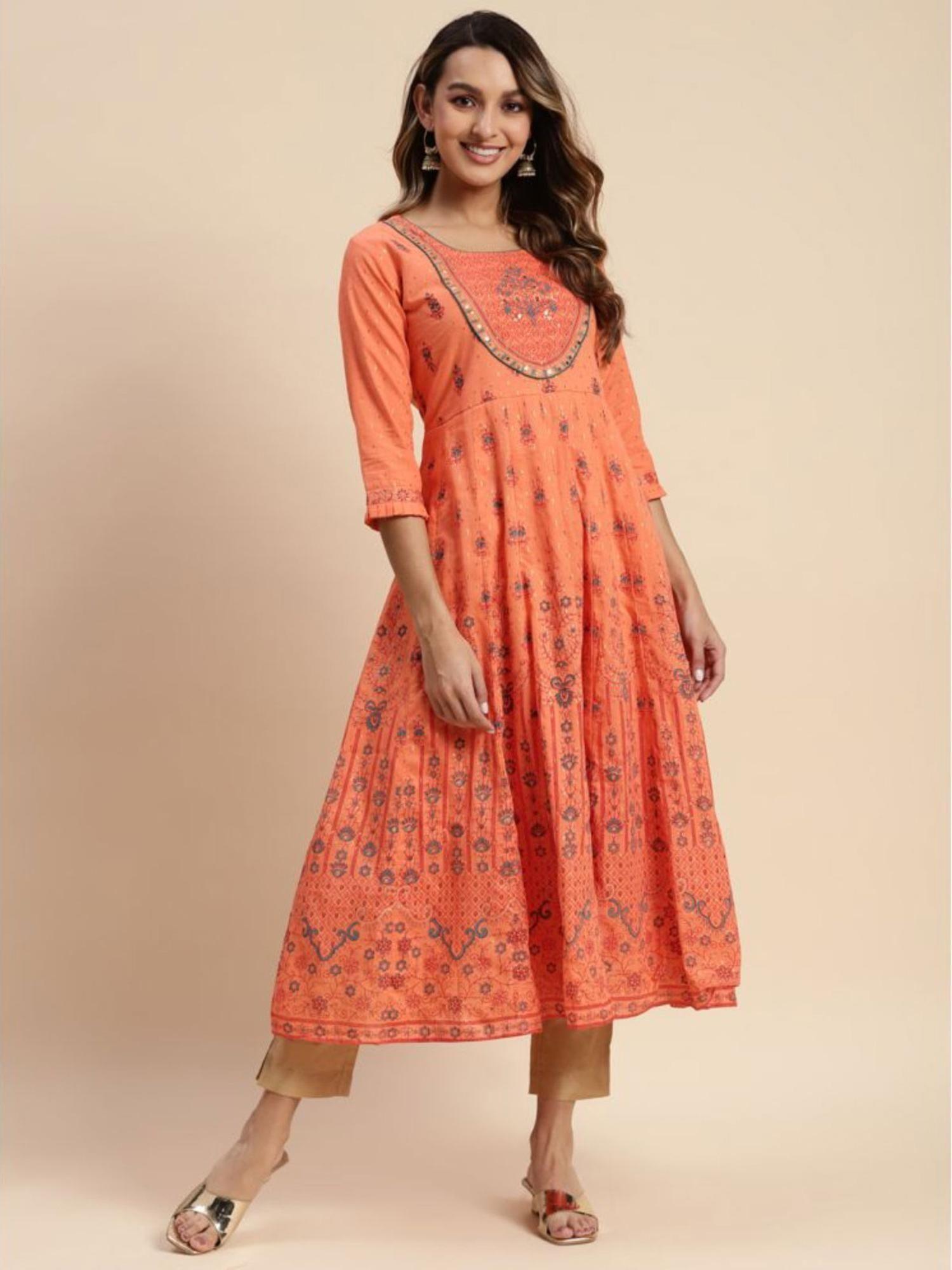 orange yoke printed embroidered calf length flared kurta