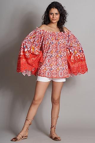 orangish red ikat embroidered peasant blouse