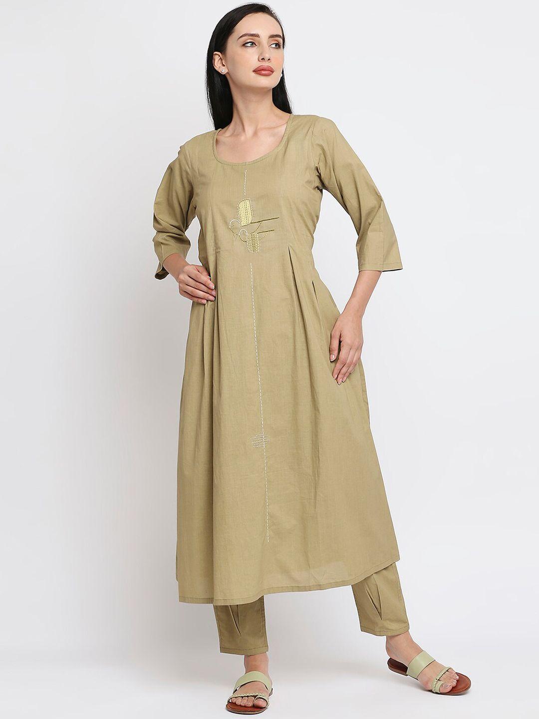 orbbaan women green ethnic motifs embroidered pleated pure cotton kurta with trouser