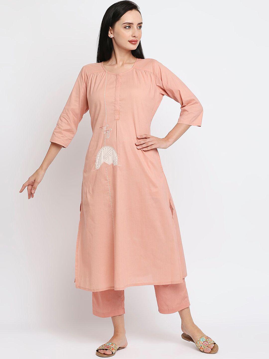 orbbaan women peach-coloured embroidered pure cotton kurta with trouser