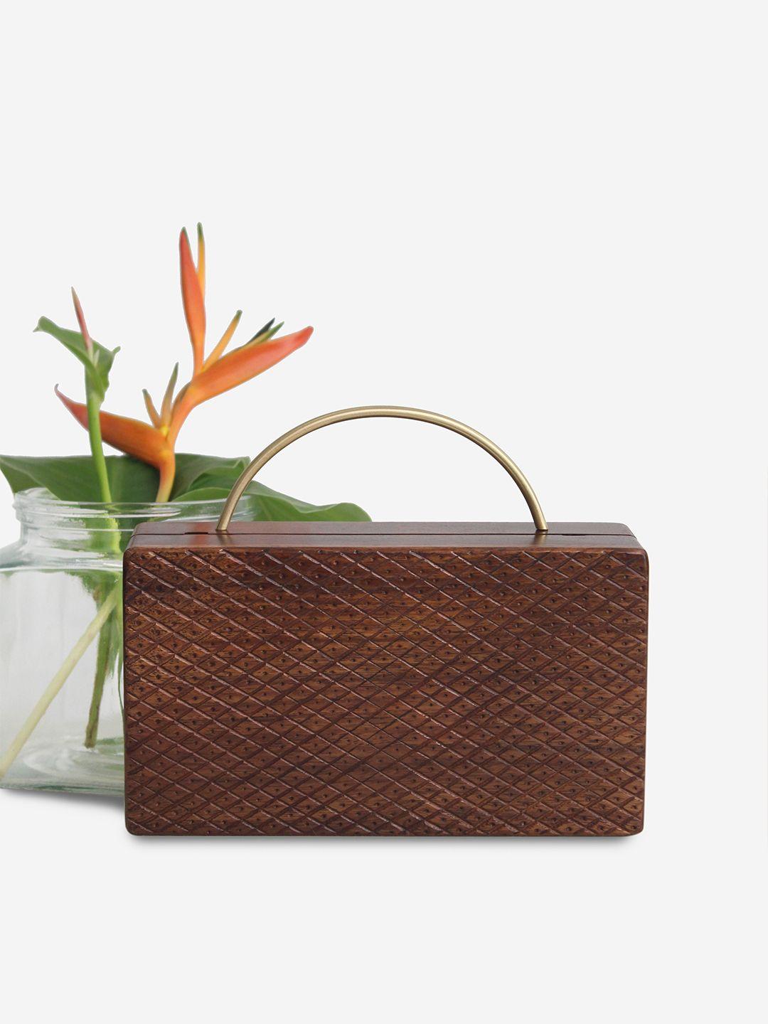 orbbaan brown & gold-toned textured sustainable wooden carved box clutch