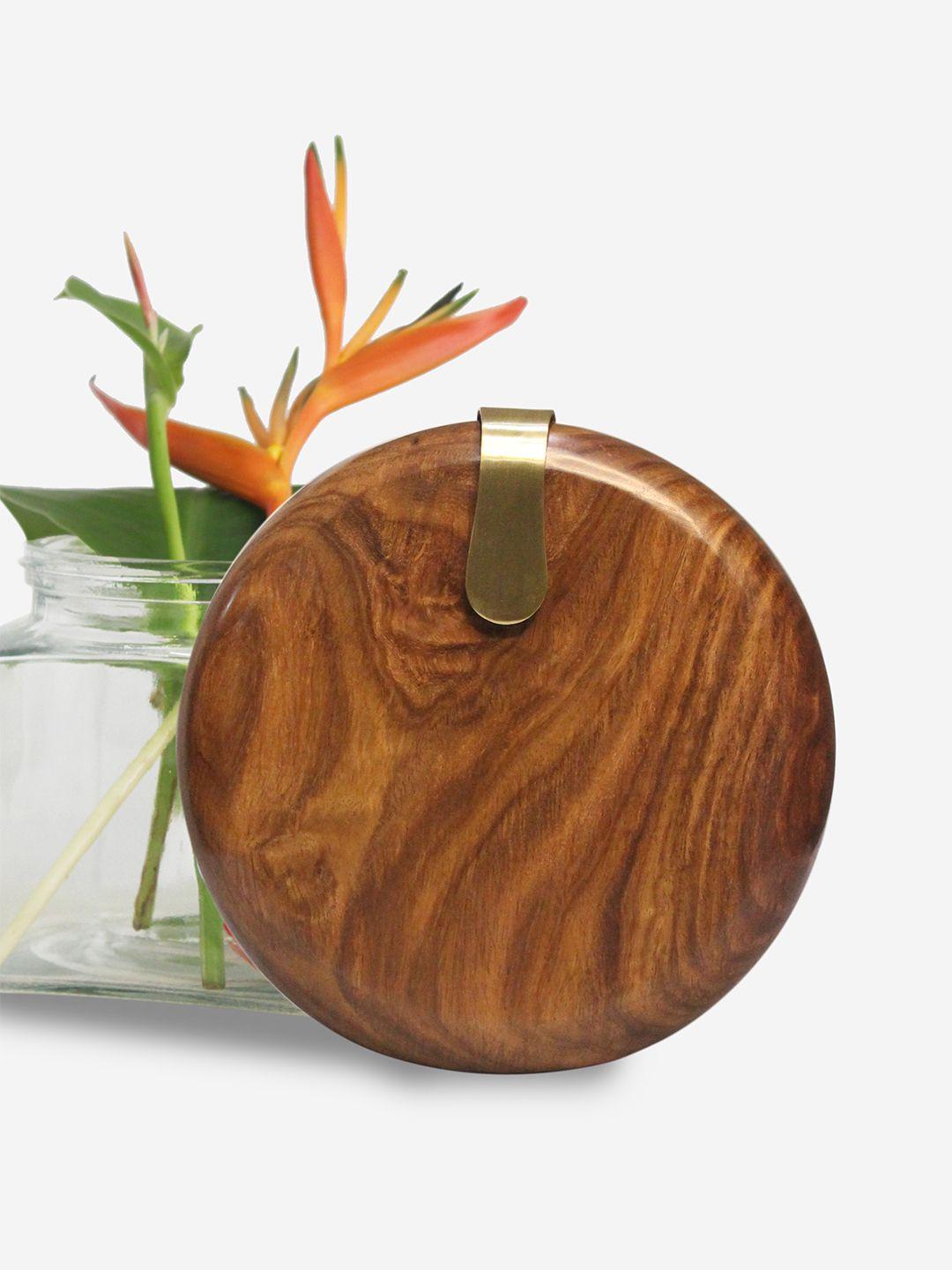 orbbaan brown circular wooden clutch
