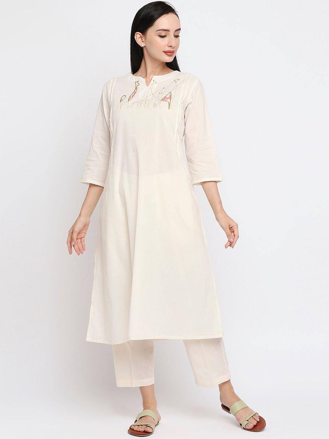 orbbaan women off white ethnic motifs embroidered pure cotton kurta with trouser