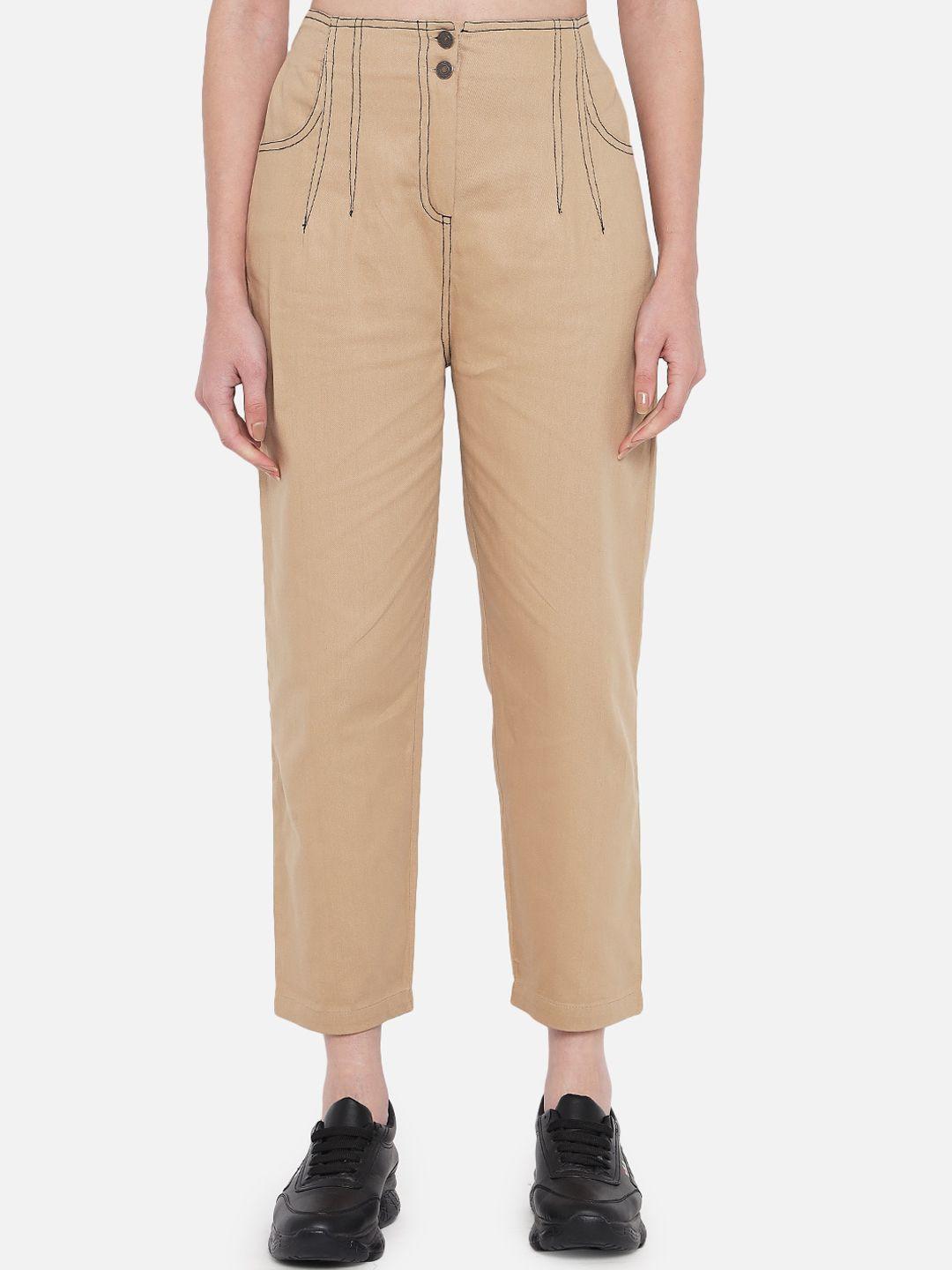 orchid hues women beige textured tapered fit high-rise cotton trousers
