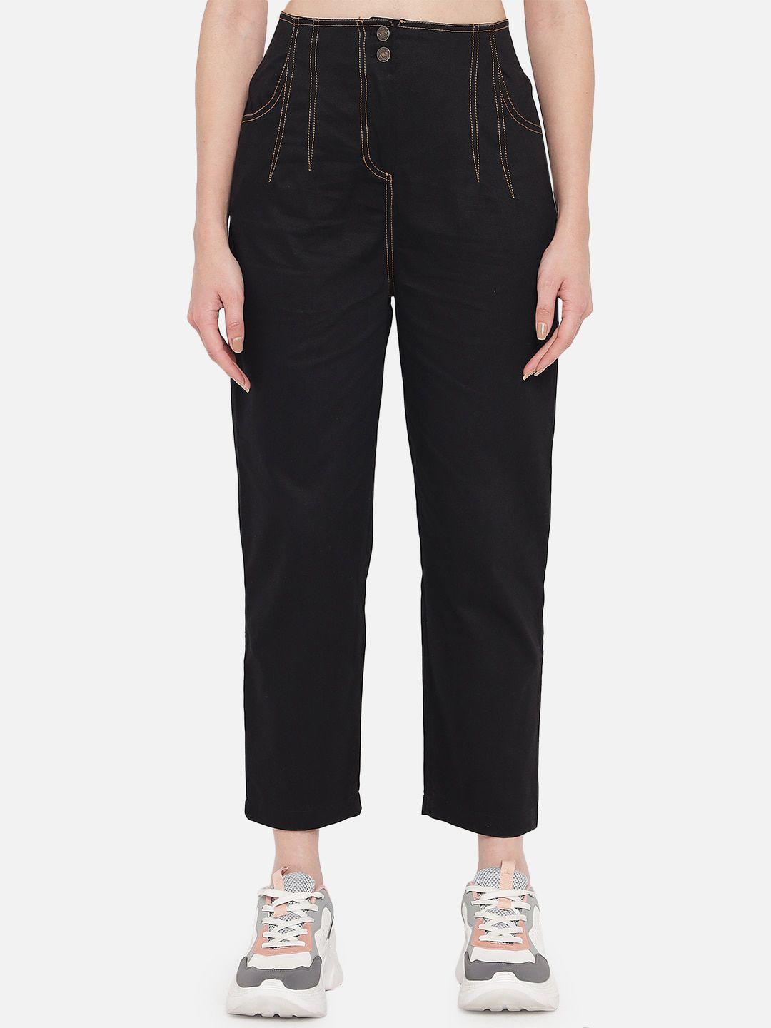 orchid hues women black tapered fit high-rise pure cotton trousers