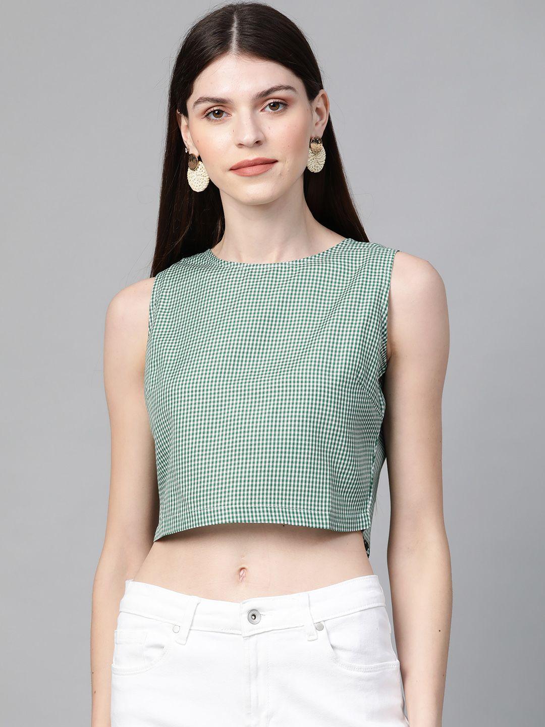 orchid hues women green & off-white checked cropped styled back top