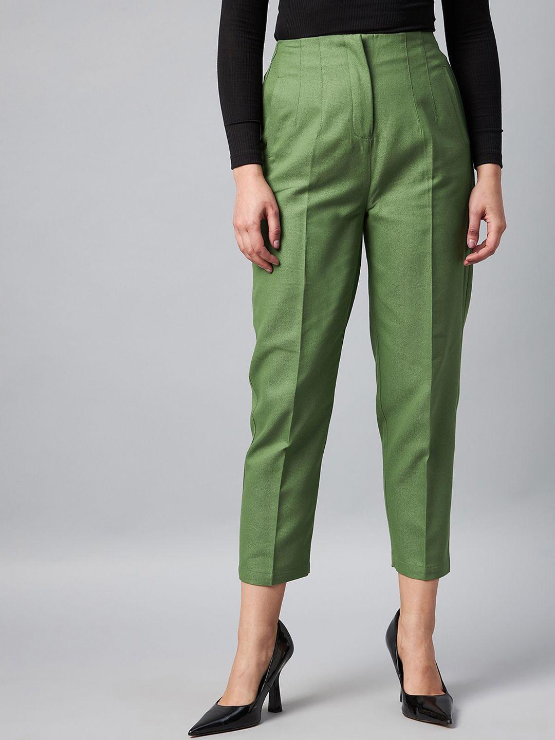 orchid hues women green cotton tapered fit high-rise pleated trousers
