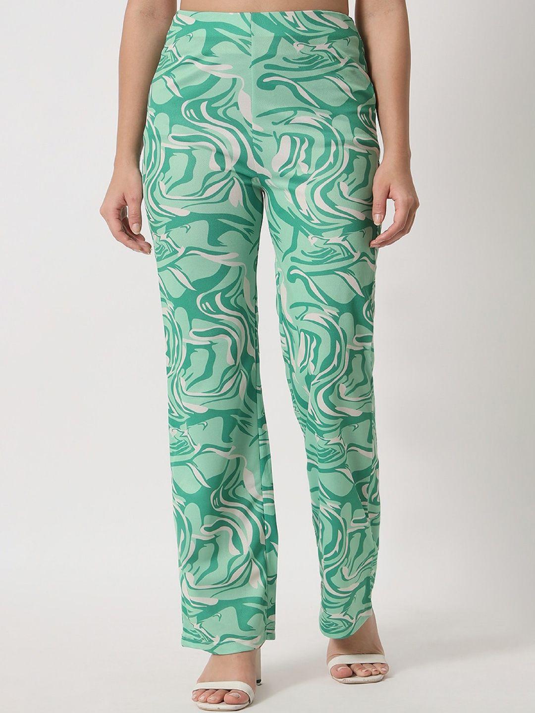 orchid hues women green printed high-rise pure cotton trousers