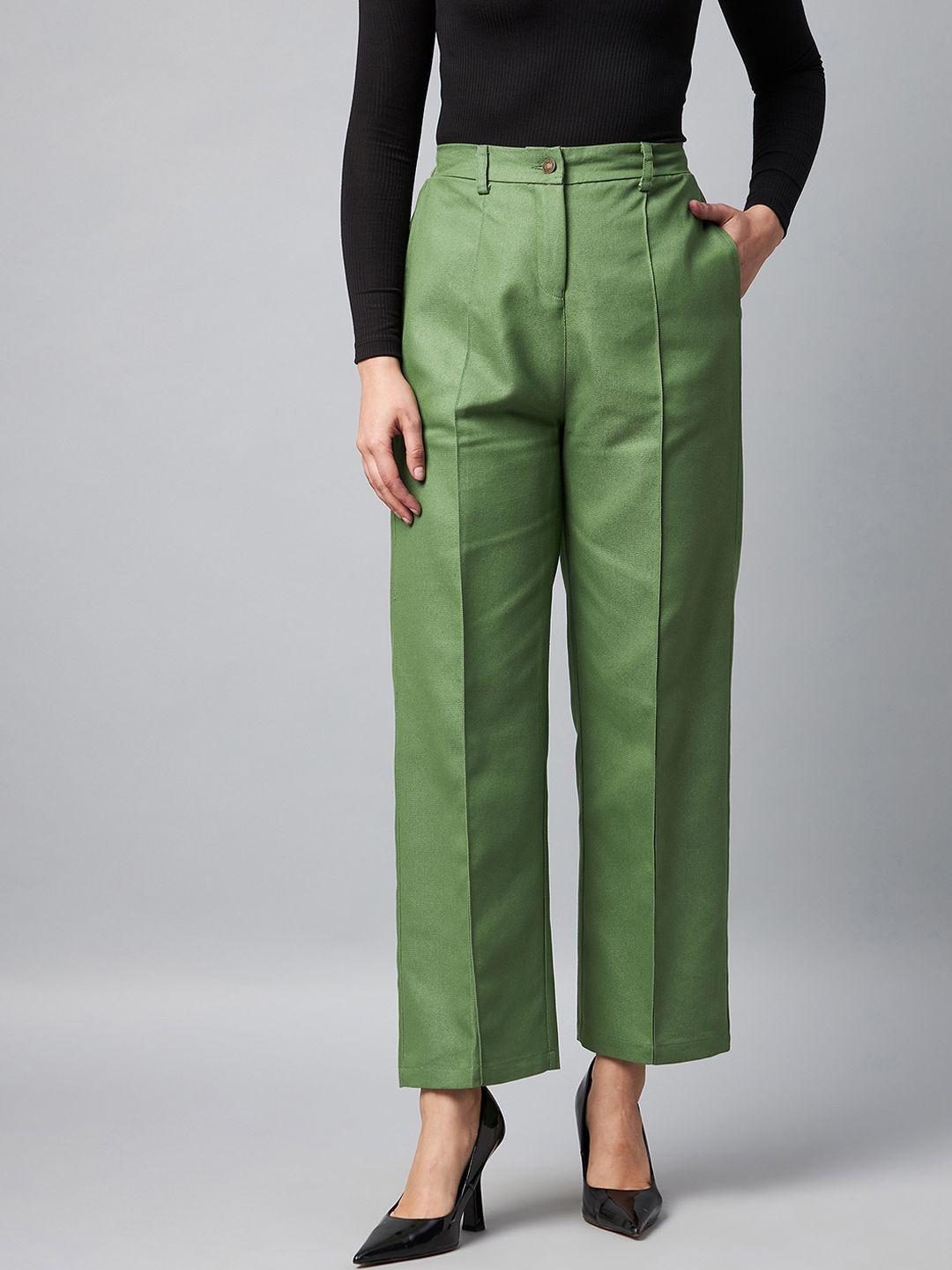 orchid hues women green tailored straight fit pure cotton high-rise trousers