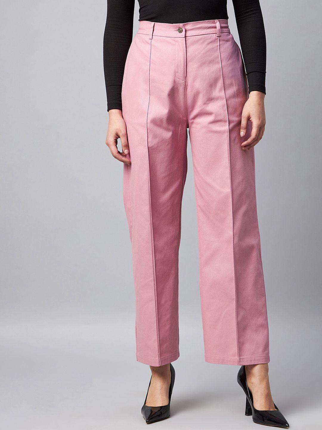 orchid hues women lavender cotton tailored straight fit high-rise pleated trousers