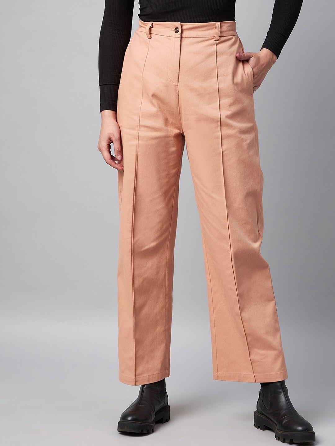 orchid hues women peach-coloured tailored straight high-rise pleated pure cotton trousers