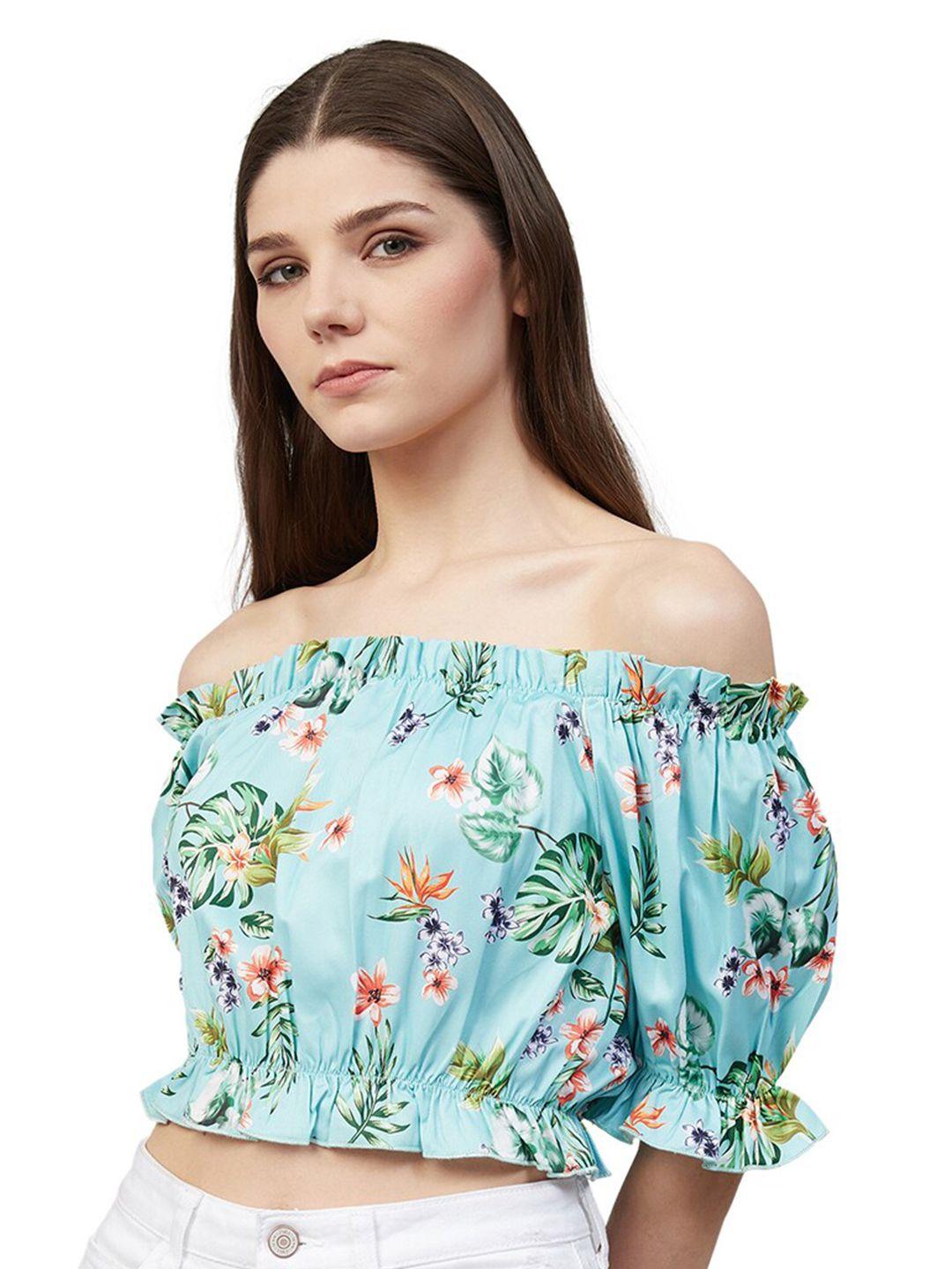 orchid hues blue floral off-shoulder bardot crop top