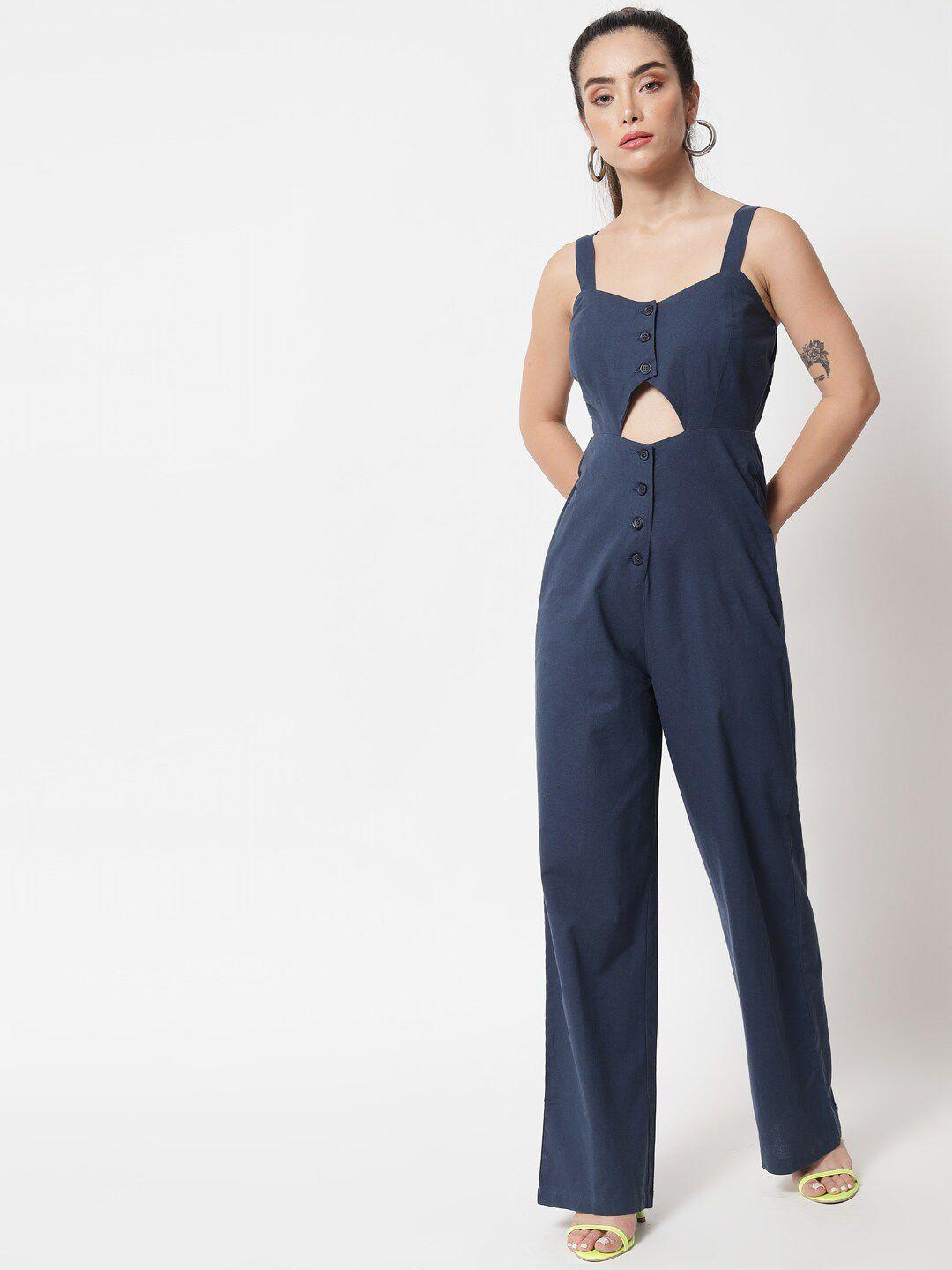 orchid hues blue solid front cutout basic jumpsuit