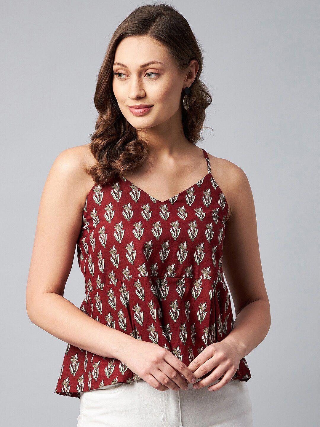 orchid hues maroon print strappy pure cotton top