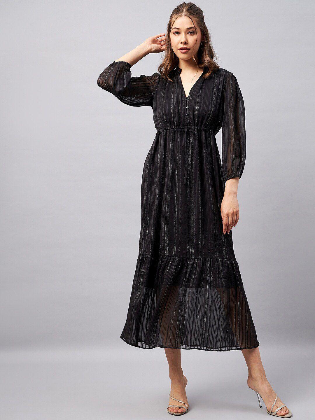 orchid hues striped puff sleeve a-line midi dress