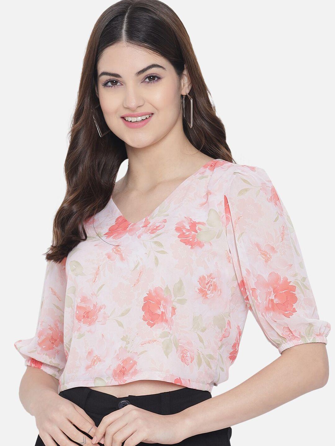 orchid hues white & peach floral print georgette blouson crop top